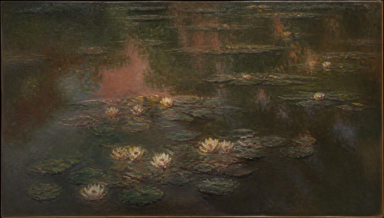 Pintura de nenúfares sobre água escura, na tradição de Claude Monet